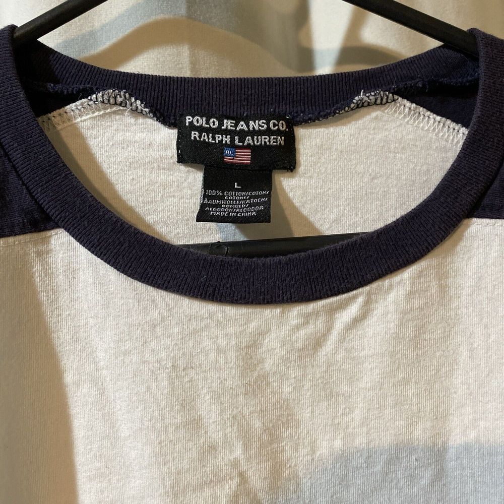 vtg 90s POLO JEANS CO Ralph Lauren Cotton Crew T-Shirt Baseball White sz L - Picture 3 of 4